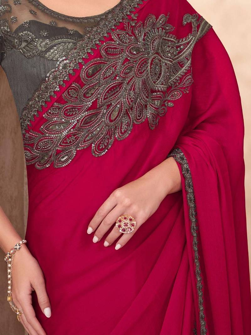 Pink ethnic motifs emroidered sequinned  chiffon saree