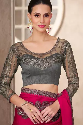 Pink ethnic motifs emroidered sequinned  chiffon saree