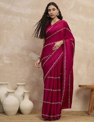 Magenta striped embroidered zari satin saree 1