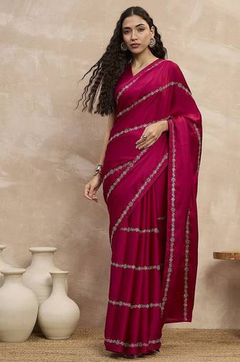 Magenta striped embroidered zari satin saree