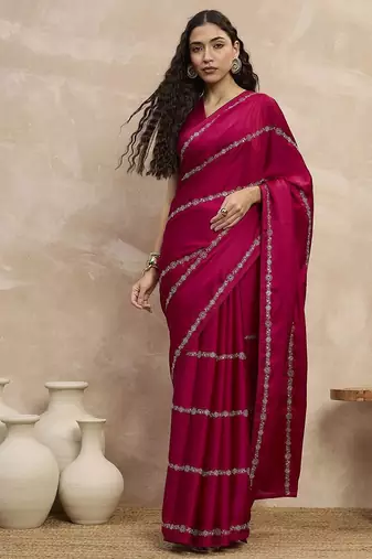 Magenta striped embroidered zari satin saree