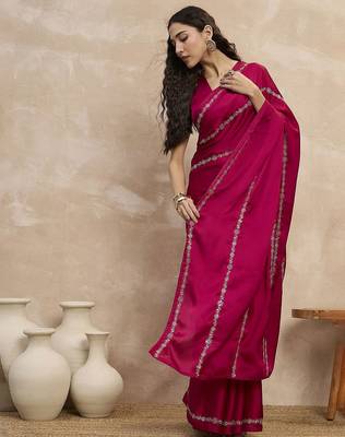 Magenta striped embroidered zari satin saree 2