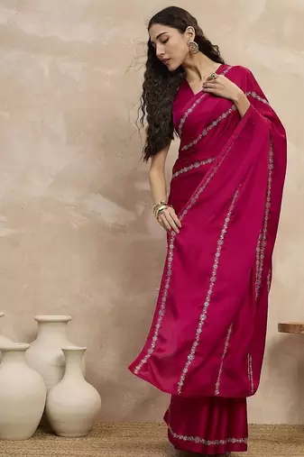 Magenta striped embroidered zari satin saree