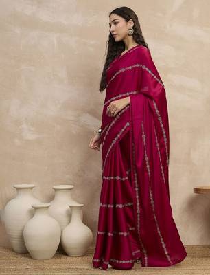 Magenta striped embroidered zari satin saree 3