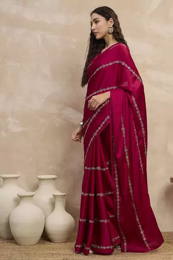 Magenta striped embroidered zari satin saree
