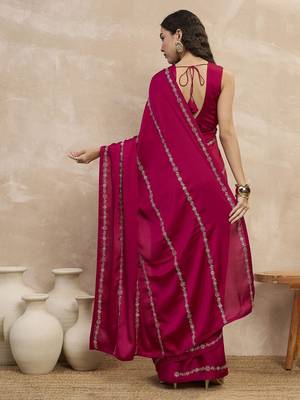 Magenta striped embroidered zari satin saree 4