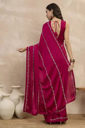 Magenta striped embroidered zari satin saree