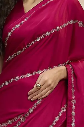 Magenta striped embroidered zari satin saree