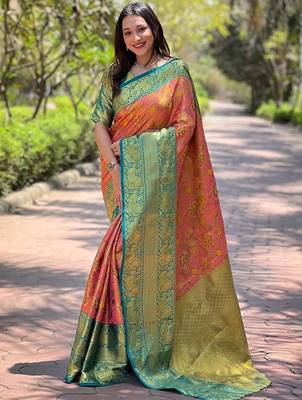 Pink woven design zari kanjeevaram saree 1
