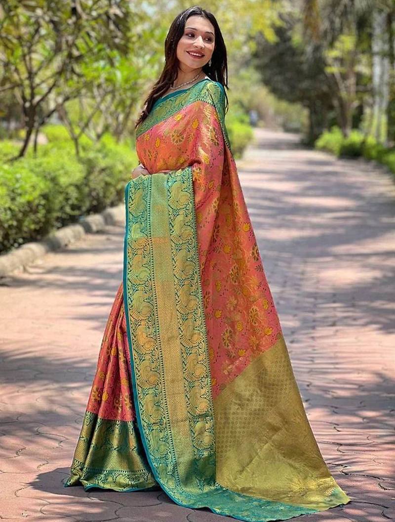 Pink woven design zari kanjeevaram saree