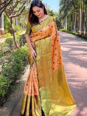 Peach woven design kanjeevaram saree 1