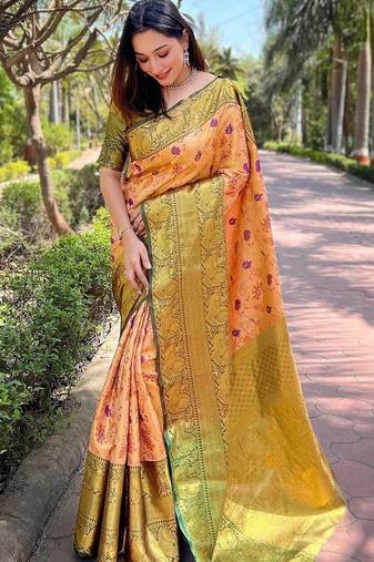 Peach woven design kanjeevaram saree