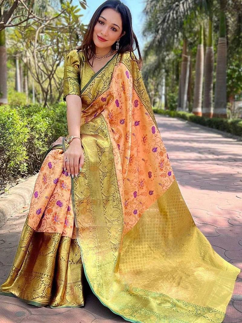 Peach woven design kanjeevaram saree