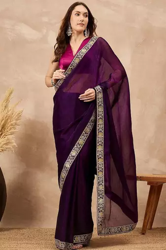 Purple women satin celebrity saree