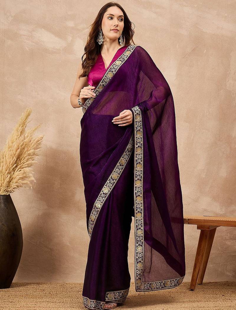 Purple women satin celebrity saree