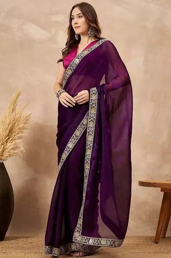 Purple women satin celebrity saree