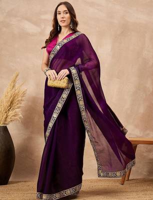 Purple women satin celebrity saree 4
