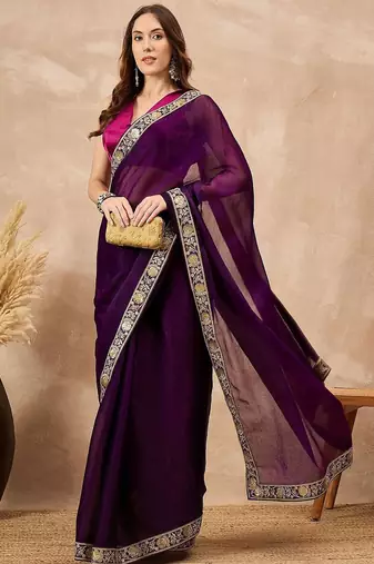 Purple women satin celebrity saree
