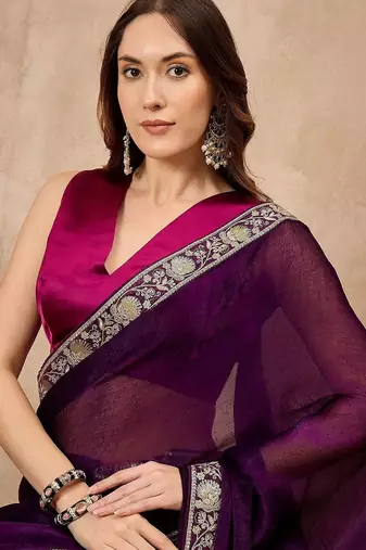 Purple women satin celebrity saree