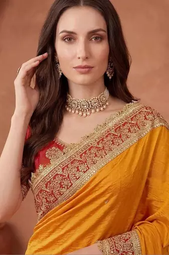 Mustard embroidered art silk saree