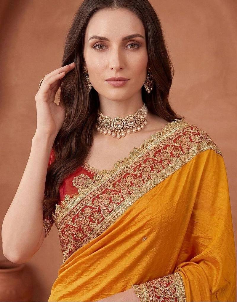 Mustard embroidered art silk saree