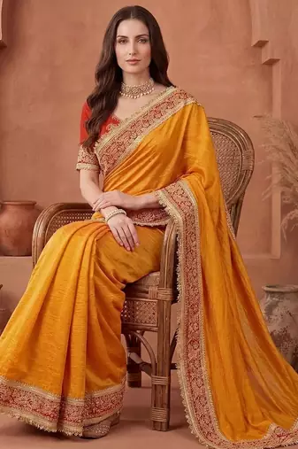 Mustard embroidered art silk saree