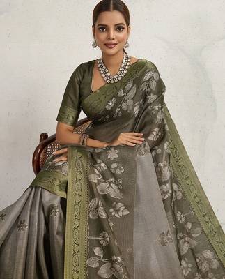 Olive floral embroidered tissue saree 1