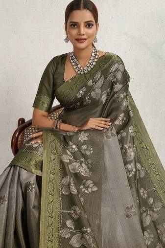 Olive floral embroidered tissue saree