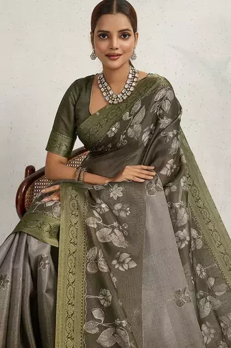 Olive floral embroidered tissue saree