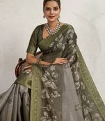 Olive floral embroidered tissue saree