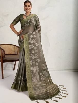 Olive floral embroidered tissue saree 2