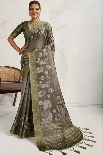 Olive floral embroidered tissue saree