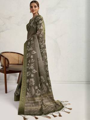 Olive floral embroidered tissue saree 3