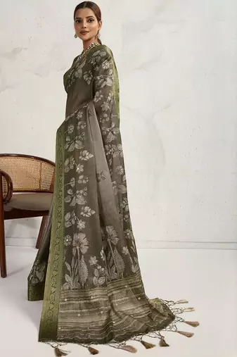 Olive floral embroidered tissue saree