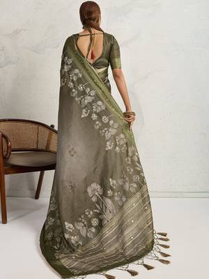 Olive floral embroidered tissue saree 4