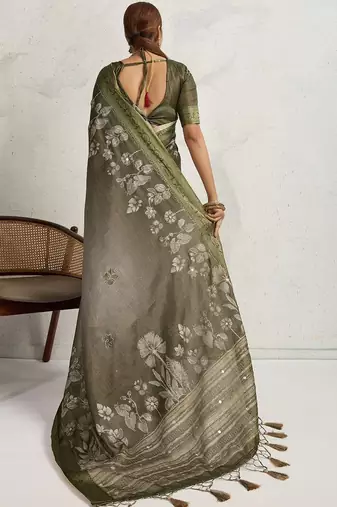 Olive floral embroidered tissue saree