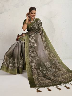 Olive floral embroidered tissue saree 5