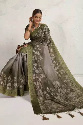 Olive floral embroidered tissue saree