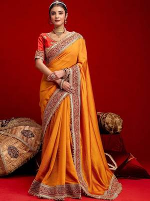 Orange embellished zari silk blend heavy work saree 1