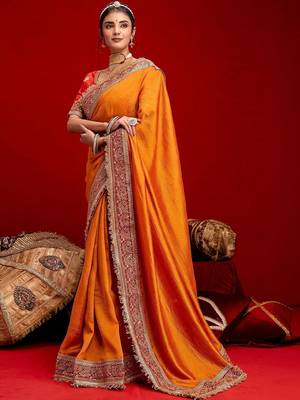 Orange embellished zari silk blend heavy work saree 2