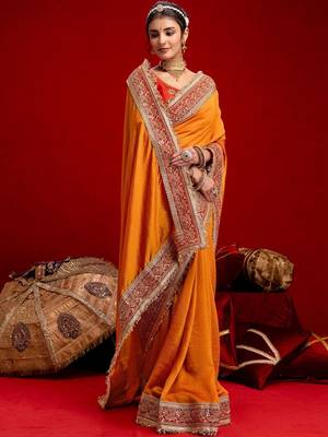 Orange embellished zari silk blend heavy work saree 3