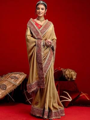 Gold embellished embroidered silk blend heavy work saree 1