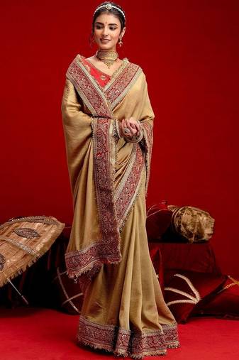 Gold embellished embroidered silk blend heavy work saree