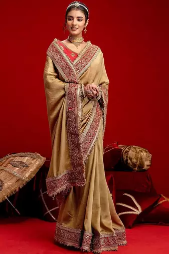 Gold embellished embroidered silk blend heavy work saree