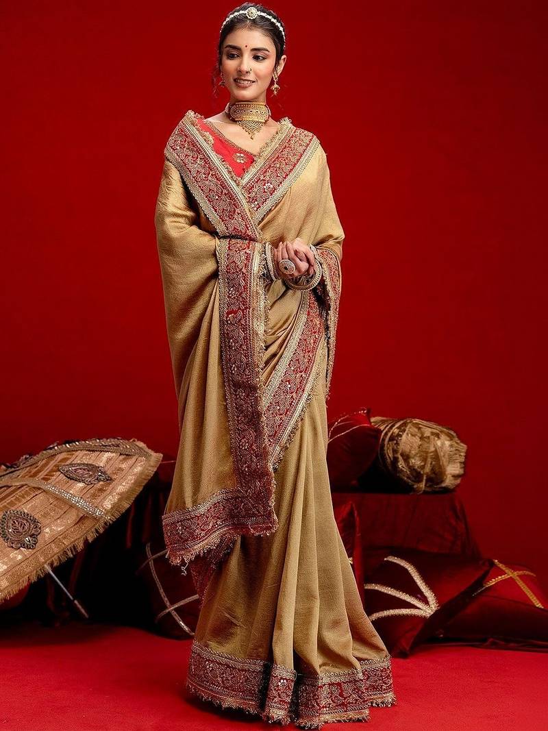 Gold embellished embroidered silk blend heavy work saree