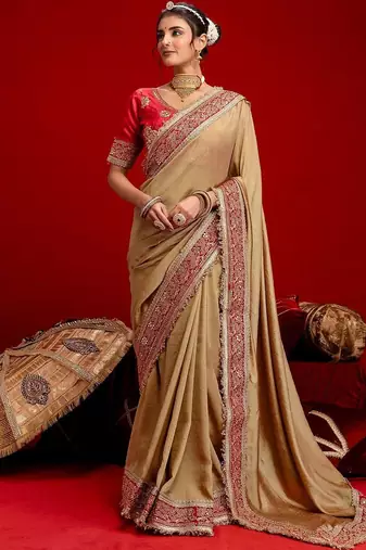 Gold embellished embroidered silk blend heavy work saree