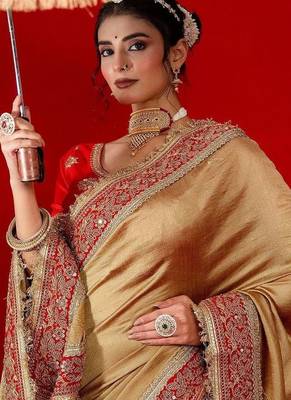 Gold embellished embroidered silk blend heavy work saree 3