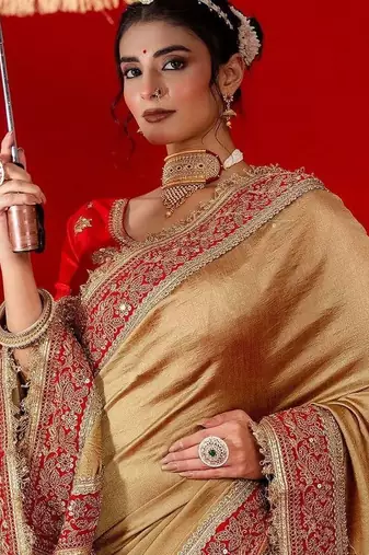 Gold embellished embroidered silk blend heavy work saree