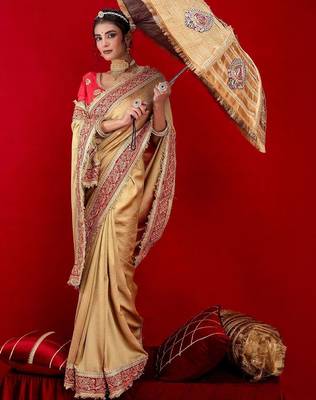 Gold embellished embroidered silk blend heavy work saree 4