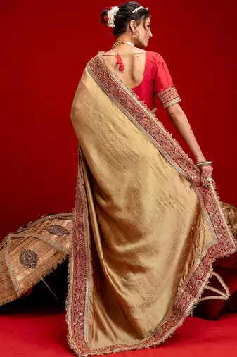 Gold embellished embroidered silk blend heavy work saree